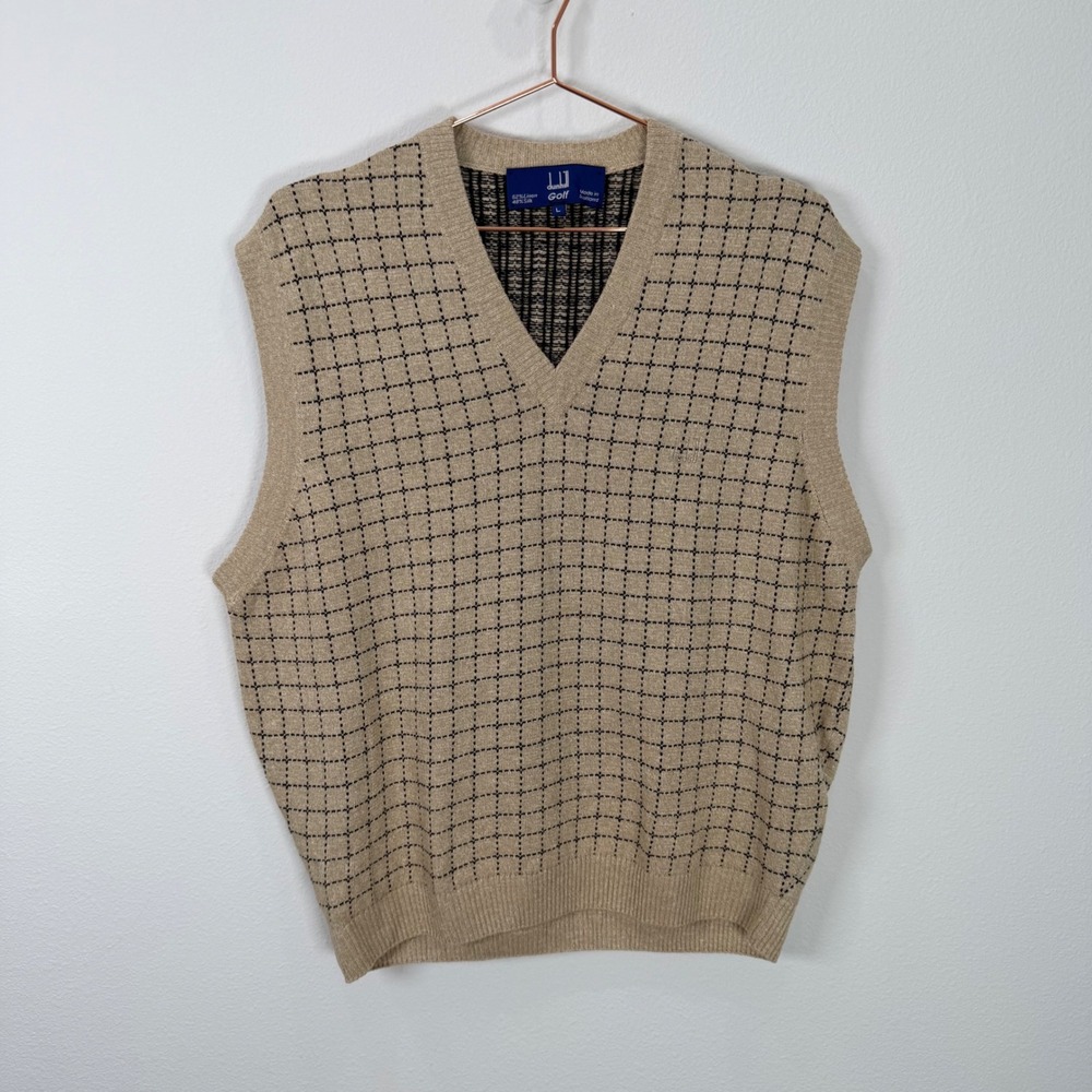 Dunhill Golf Mens Large Linen Silk V-Neck Sweater Vest Tan Grid Check Scotland